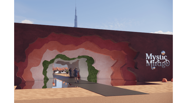 Mzllah - Mystic Mirage is an immersive Emirati-inspired coffee pop-up design by Studio Königshausen in Dubai, United Arab Emirates. Within a 9000 sqm space, desert landscapes are reimagined with vibrant colours, mirrors, and contemporary designs, offering an arty twist to traditional elements.